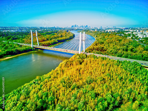 Drone aerial view of River Vistula in Warsaw, capital of Poland, autumn or fall. photo