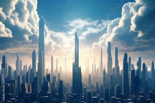 Tall skyscrapers forming a city skyline. Generative AI