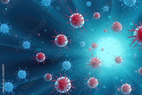 Tumor microenvironment background with cancer cells, T-Cells, nanoparticles, molecules, aand blood vessels. Oncology research concept