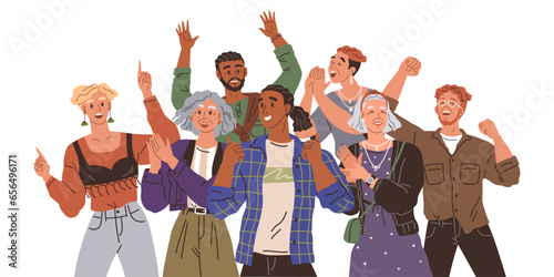 Happy people concept. Vector illustration Happy crowd creates lively atmosphere at parade Happy people create positive environment Men and women happy at fair enjoy carnival rides People on event