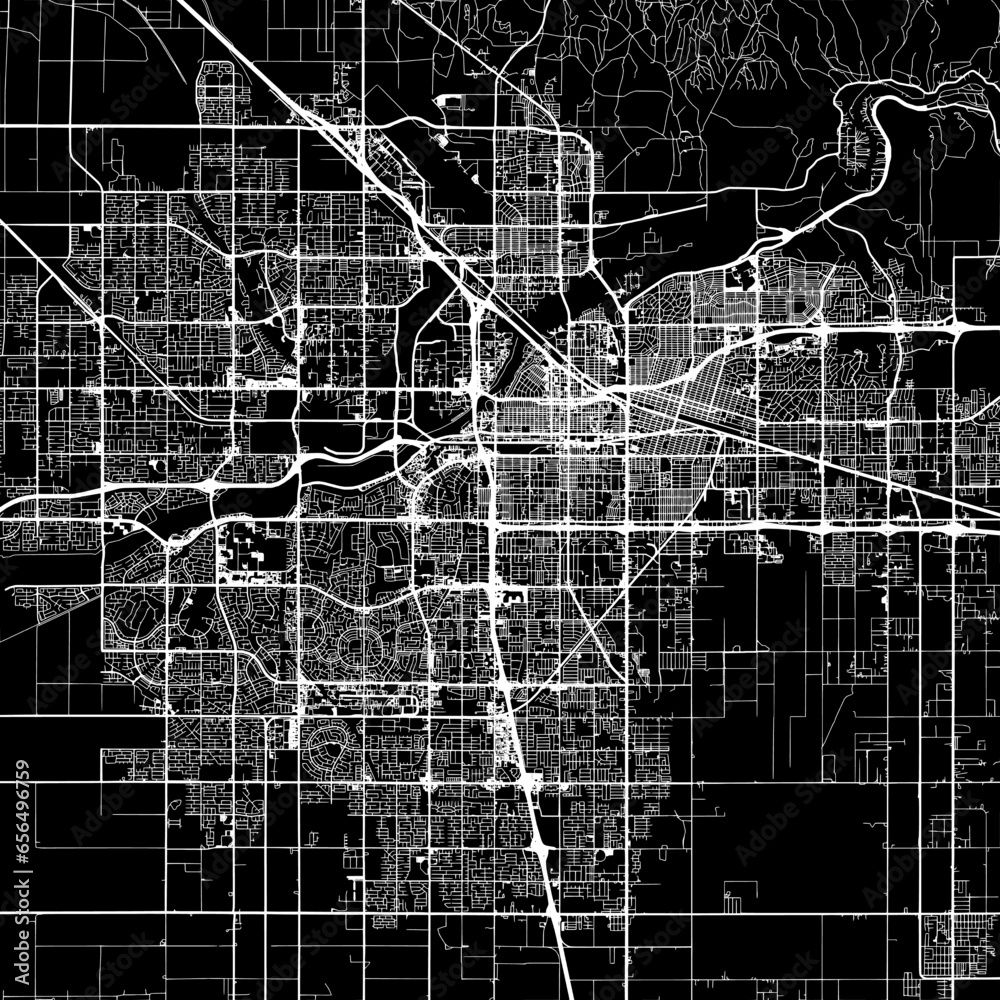 1:1 square aspect ratio vector road map of the city of  Bakersfield California in the United States of America with white roads on a black background.
