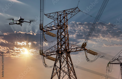 managing the electric grid, drone uav inspection technology on high voltage electricity pylon at sunset