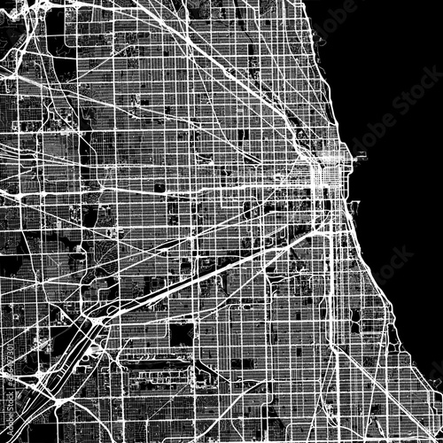 1:1 square aspect ratio vector road map of the city of  Chicago Illinois in the United States of America with white roads on a black background.