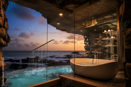 Luxurious bathroom featuring stunning ocean panorama. Generative AI