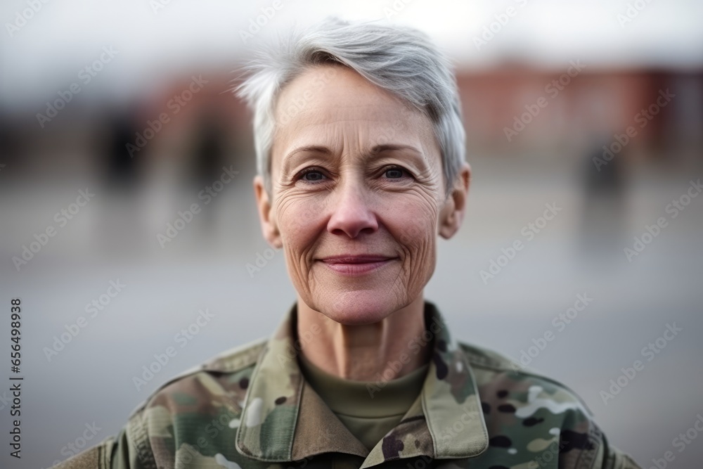 Portrait of senior woman with grey hair in military uniform on blurred ...