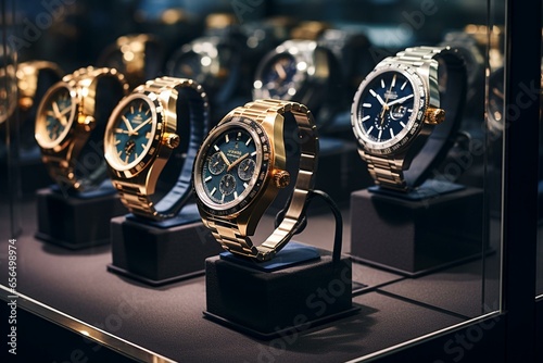 Luxury watches in a jewelry store display. Generative AI