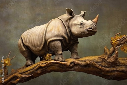solitary rhinoceros on branch. Generative AI