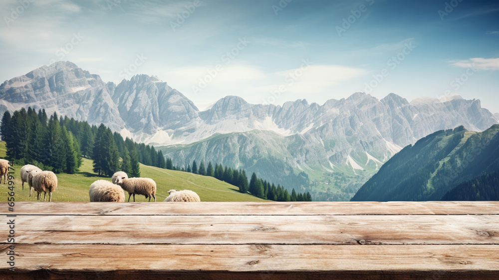  Empty table top rustic rural village with sheep lambs on the background. Product placement montage display mockup.