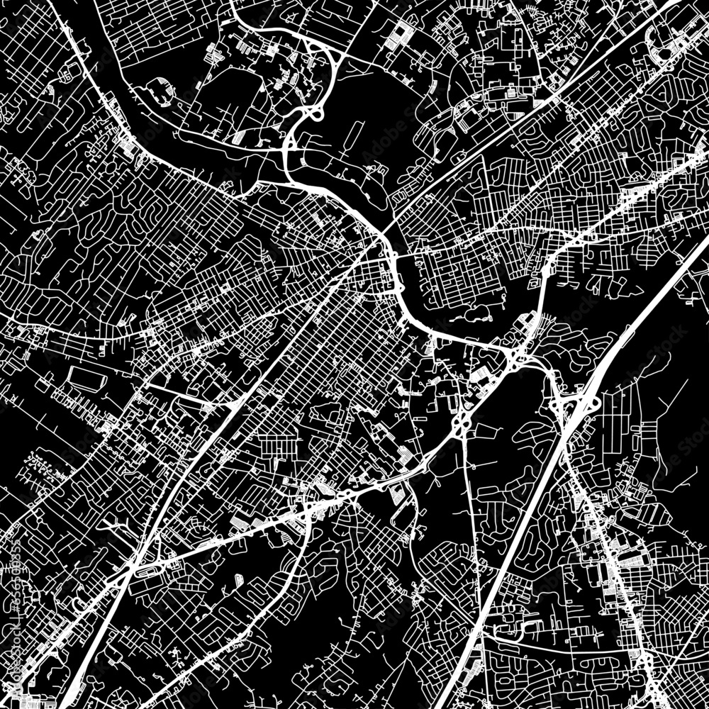 1:1 square aspect ratio vector road map of the city of  New Brunswick New Jersey in the United States of America with white roads on a black background.