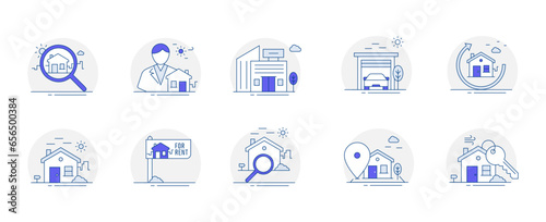 Real Estate Essentials. collection of symbols and illustrations essential for various real estate-related applications and websites. These icons are designed to facilitate property searches.