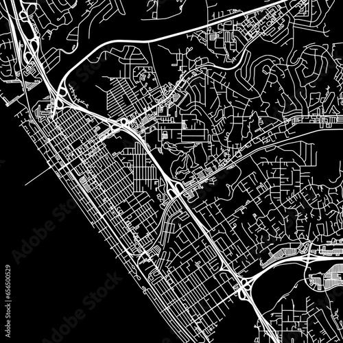 1:1 square aspect ratio vector road map of the city of  Oceanside California in the United States of America with white roads on a black background.