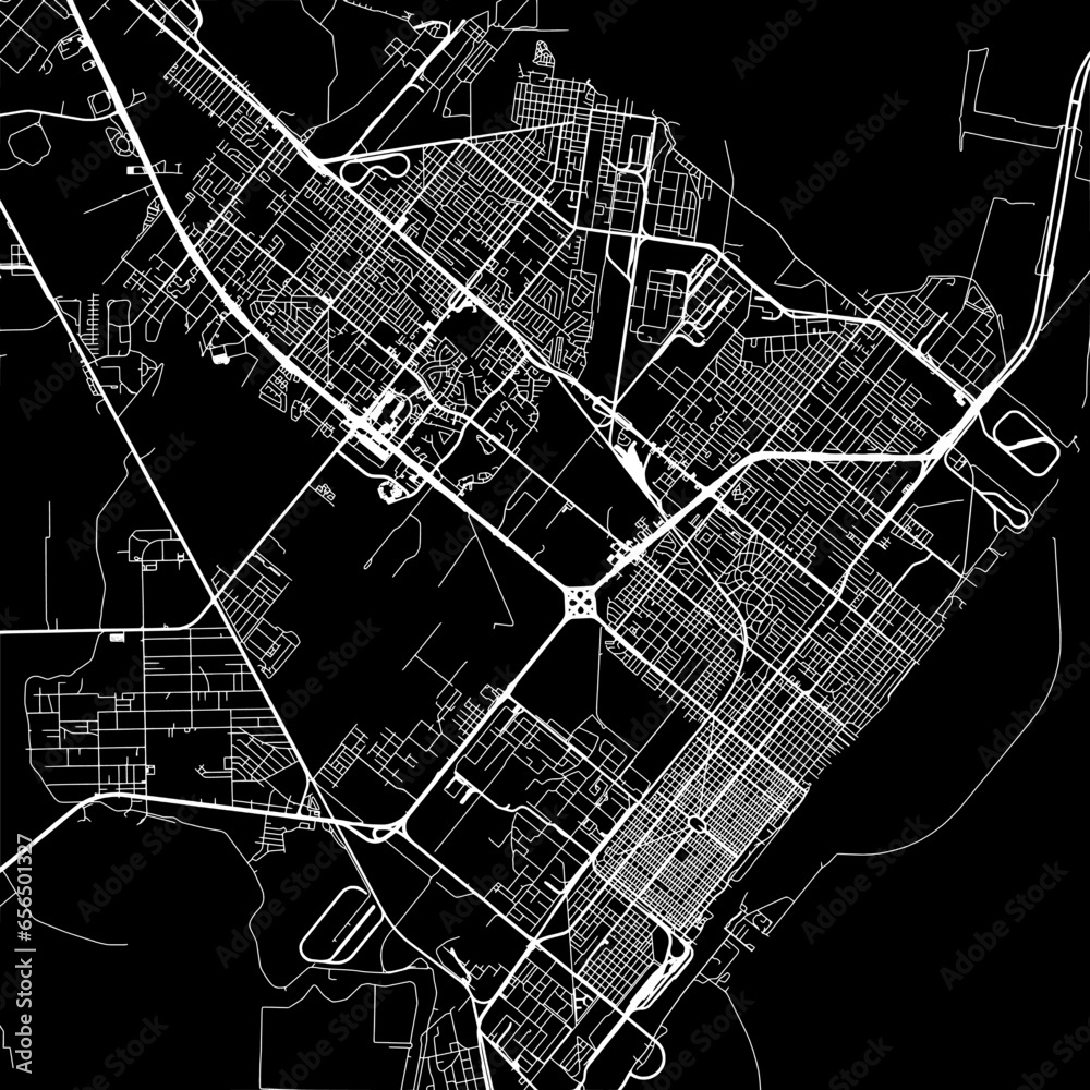 1:1 square aspect ratio vector road map of the city of  Port Arthur Texas in the United States of America with white roads on a black background.