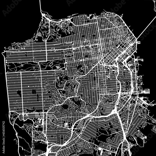1:1 square aspect ratio vector road map of the city of  San Francisco California in the United States of America with white roads on a black background.