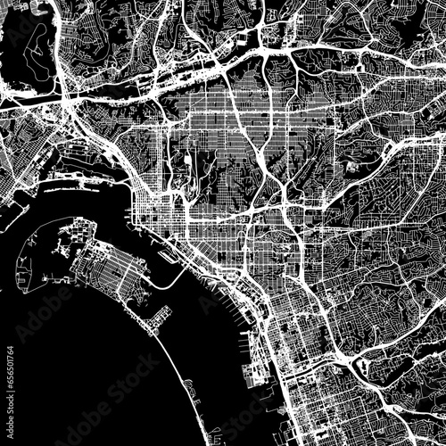 1:1 square aspect ratio vector road map of the city of  San Diego California in the United States of America with white roads on a black background.