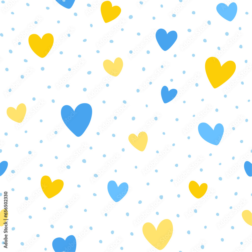Seamless pattern with hearts in Ukrainian colors on white background. Ukrainian Flag. Vector illustration. Texture for print, textile, fabric. Seamless pattern with hearts in Ukrainian colors on white background. Ukrainian Flag. Vector illustration. Texture for print, textile, fabric.