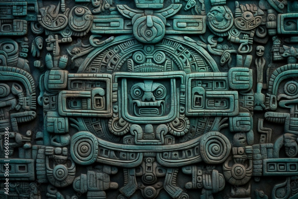 Texture of intricate Mayan glyphs, representing ancient culture and history. Generative AI