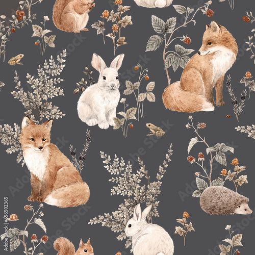 Photographie Beautiful seamless pattern with hand drawn watercolor forest fox hare hedgehog and squirrel animals and plants with berries