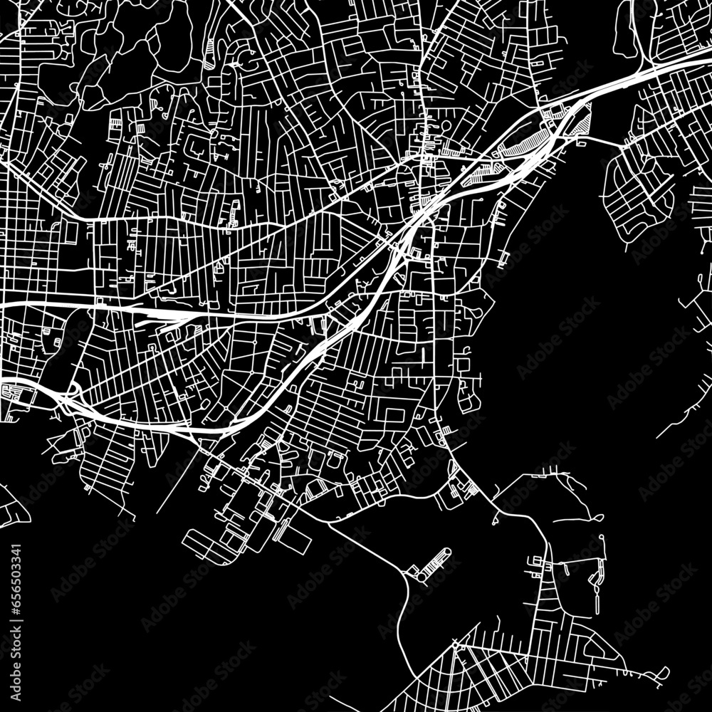 1:1 square aspect ratio vector road map of the city of Stratford Connecticut in the United States of America with white roads on a black background. 1:1 square aspect ratio vector road map of the city of Stratford Connecticut in the United States of America with white roads on a black background.