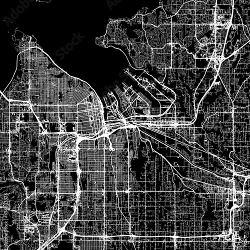 1:1 square aspect ratio vector road map of the city of  Tacoma Washington in the United States of America with white roads on a black background.