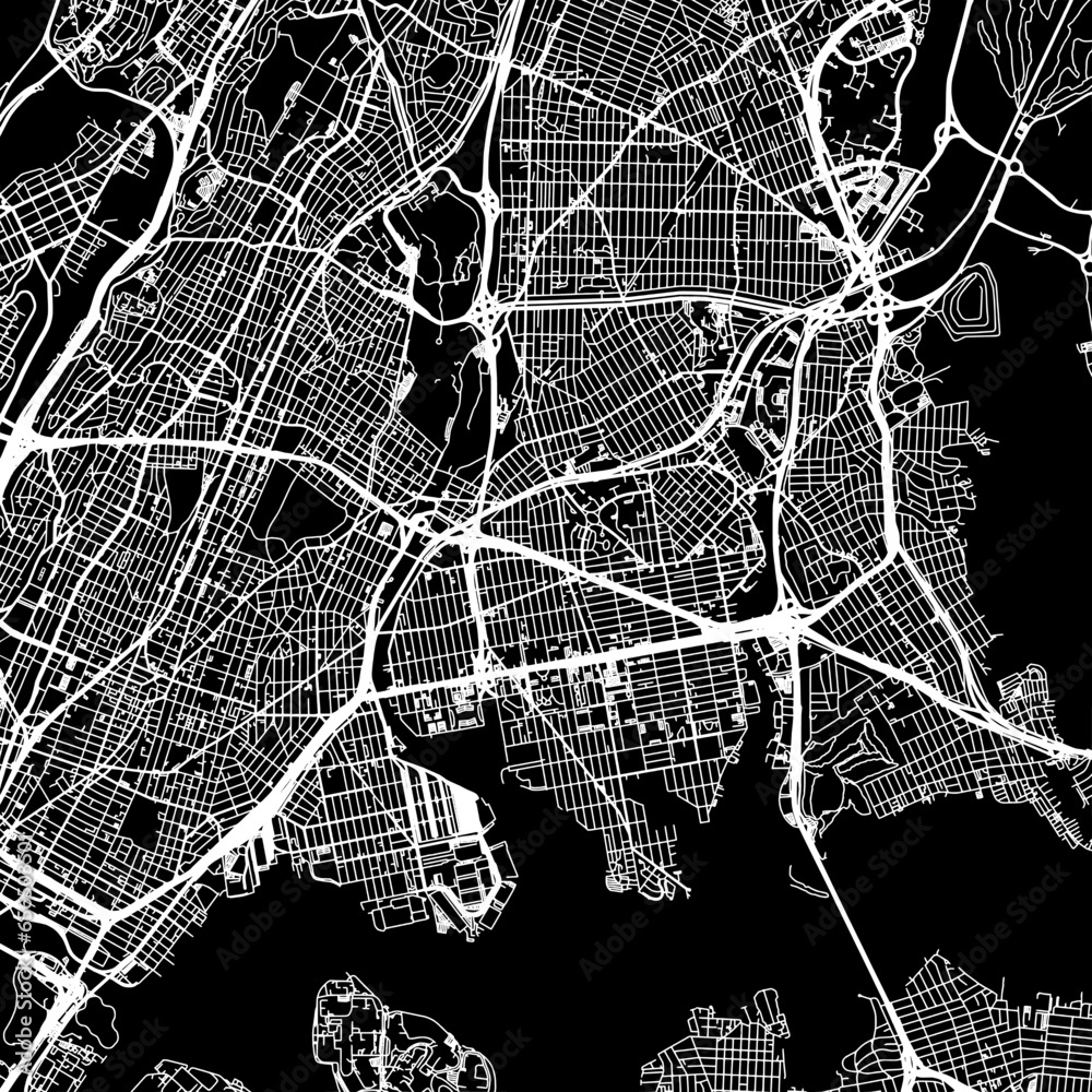 1:1 square aspect ratio vector road map of the city of  The Bronx New York in the United States of America with white roads on a black background.