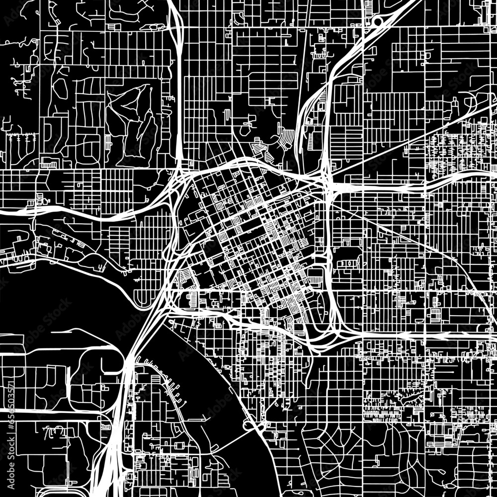 1:1 square aspect ratio vector road map of the city of  Tulsa Center Oklahoma in the United States of America with white roads on a black background.