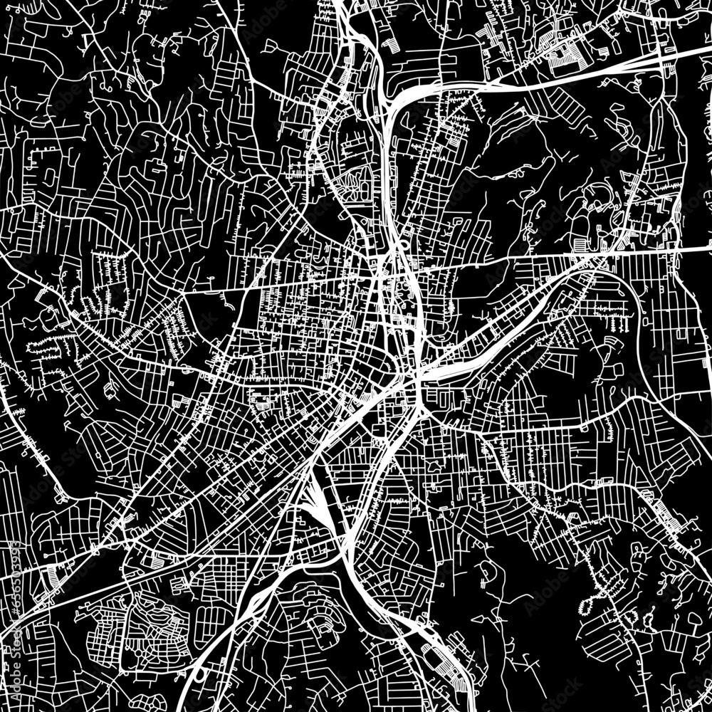 1:1 square aspect ratio vector road map of the city of  Worcester Massachusetts in the United States of America with white roads on a black background.