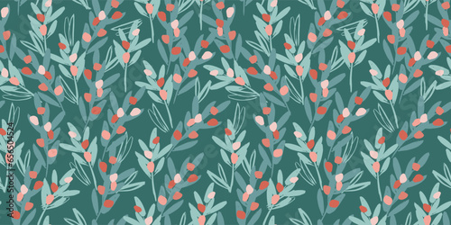 Christmas and Happy New Year seamless pattern. Branches, leaves, berries. New Year symbols. Trendy retro style. Vector design
