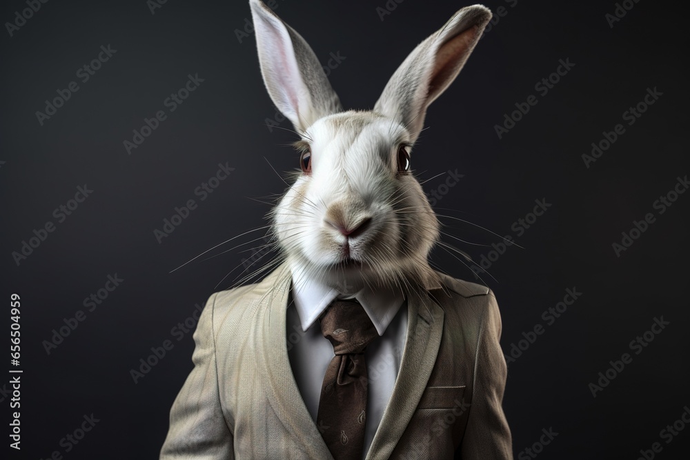 Hase im Business Anzug. Kaninchen im Studio als Passfoto. Tiere mit Kleidung im Beruf. Anzug mit Krawatte als Mitarbeiter in einer Führungsposition. 