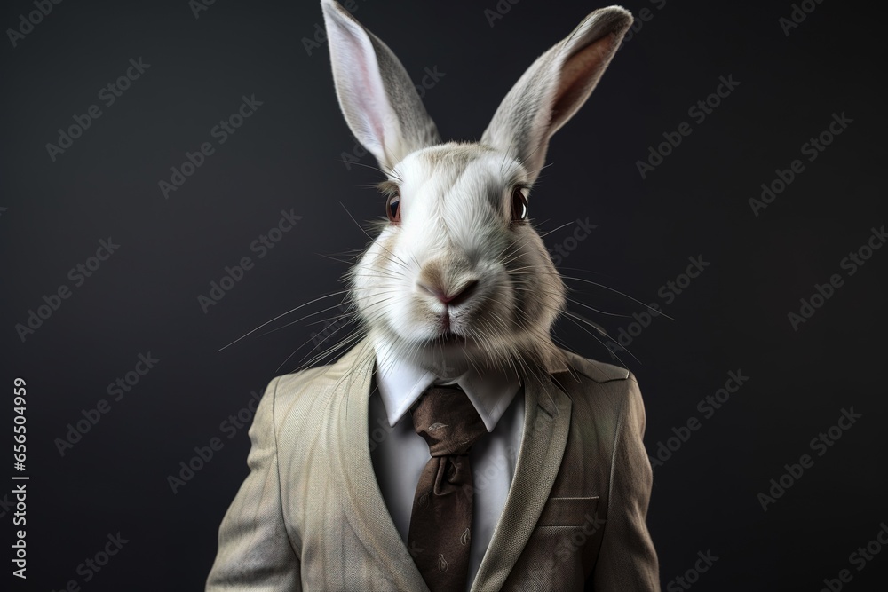 Obraz premium Hase im Business Anzug. Kaninchen im Studio als Passfoto. Tiere mit Kleidung im Beruf. Anzug mit Krawatte als Mitarbeiter in einer Führungsposition. 