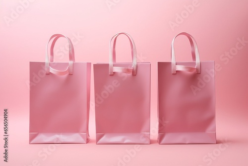 Mockup von Einkaufstaschen beim Shopping in Pink. Rosa Einkauftüten für Präsentationen von Firmen und Produkten mit Platz für Text. photo