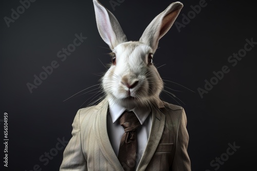 Hase im Business Anzug. Kaninchen im Studio als Passfoto. Tiere mit Kleidung im Beruf. Anzug mit Krawatte als Mitarbeiter in einer Führungsposition.  © Marco