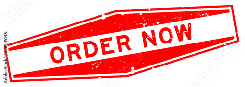 Grunge red order now word hexagon rubber seal stamp on white background