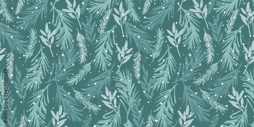 Christmas and Happy New Year seamless pattern. Spruce branches, snowflakes, snow. Trendy retro style. Vector design
