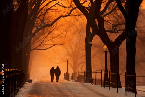 Two people walking in a winter wonderland