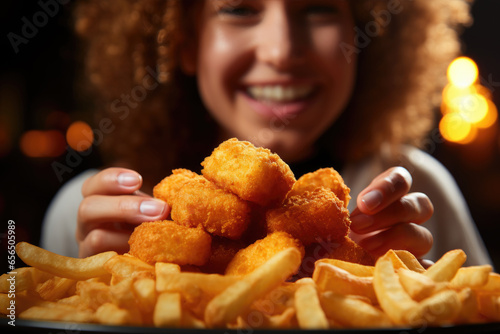 Woman Enjoying a Plate of Chicken Nuggets and Fries photo