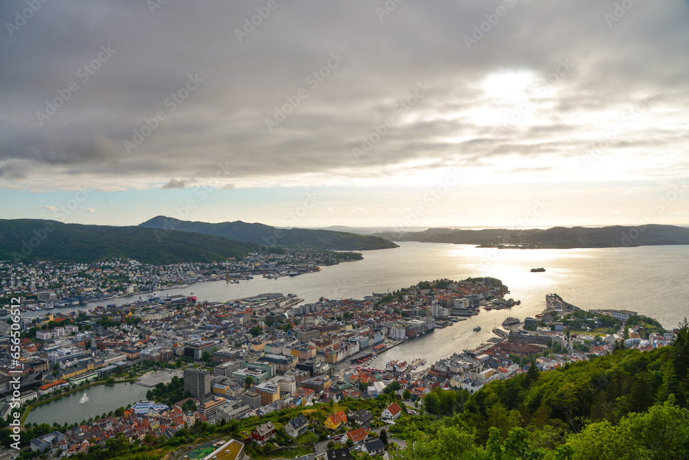 Beautiful aerial view of Bergen with the sea and mountains all around