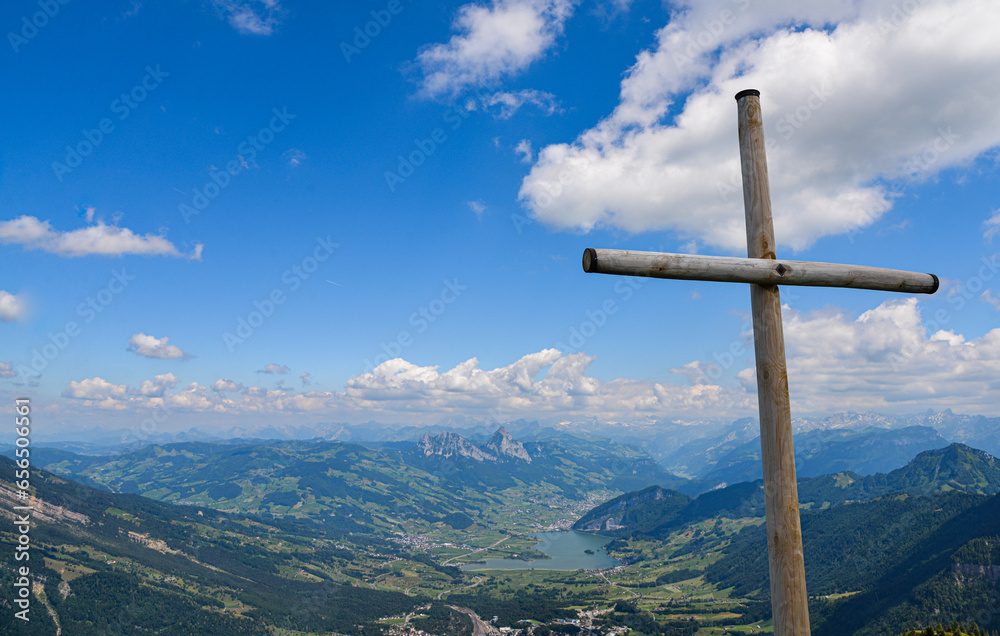 Cross on Mount Rigi with Lake Lucerne and Glarus Alps, Lucerne, Switzerland