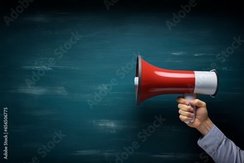 A blue chalkboard with a megaphone held by a hand, inviting communication