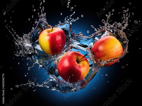 group of red apples jumping into water on a blue black background