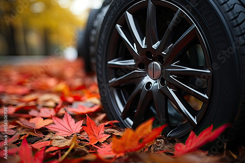 New black car wheel on autumn leaves 