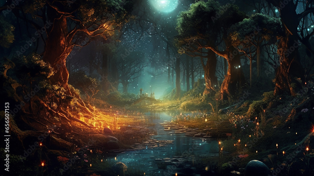 Night scene of a enchanted magical forest 