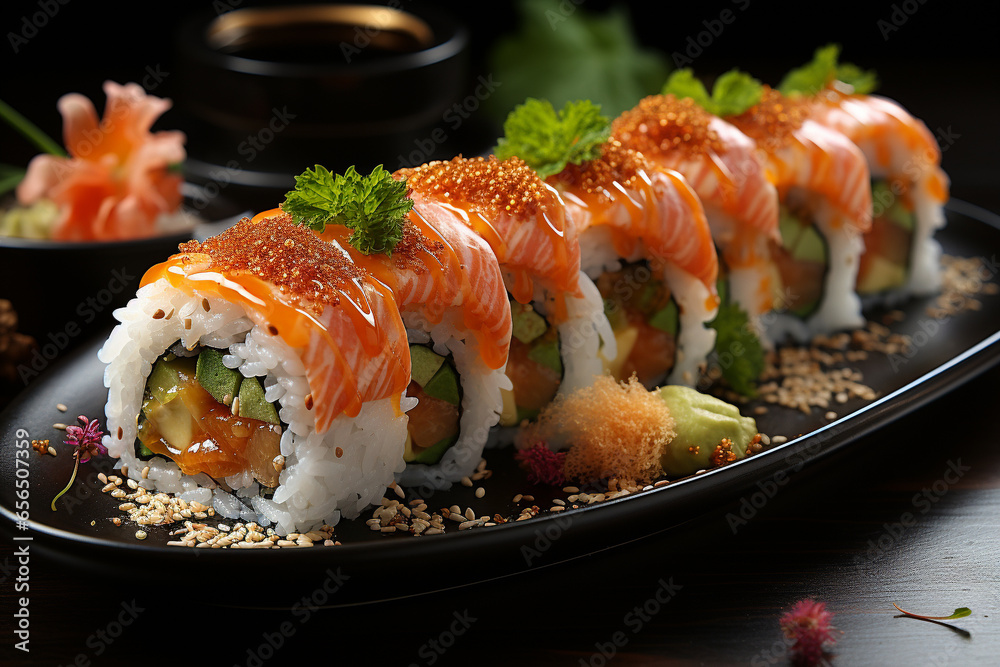 Maki Salmon Sushi, a culinary masterpiece that celebrates the art of sushi with its vibrant colors, delicate textures, and irresistible asian flavors. Ai generated