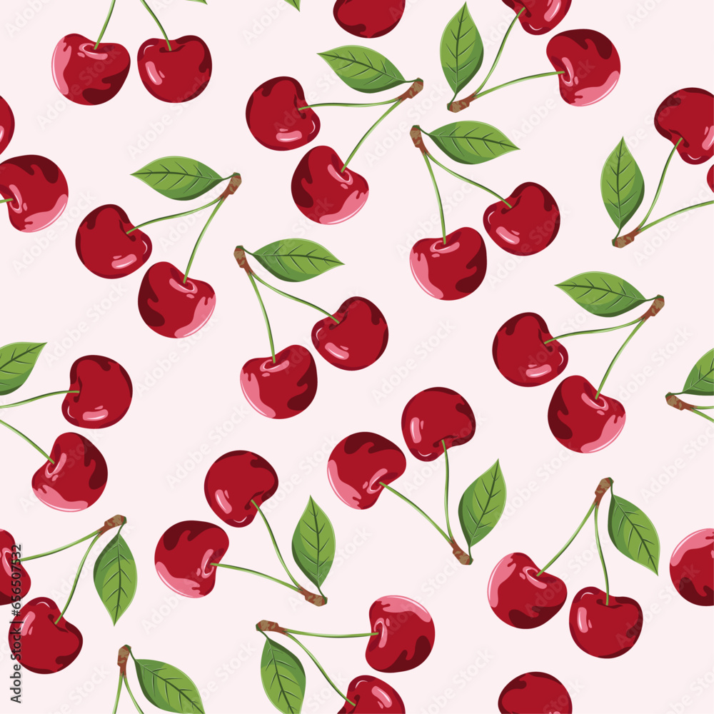 seamless pattern with red cherry and leaf on pink background
