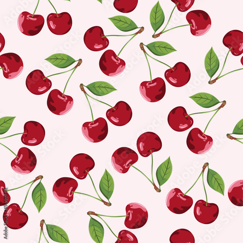 seamless pattern with red cherry and leaf on pink background