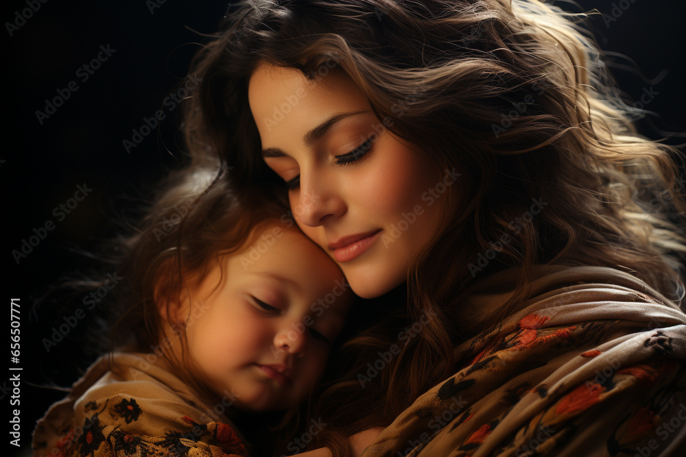 Mother tenderly cradling her child in her arms, radiating the boundless love and affection that defines the concept of motherly love. Ai generated