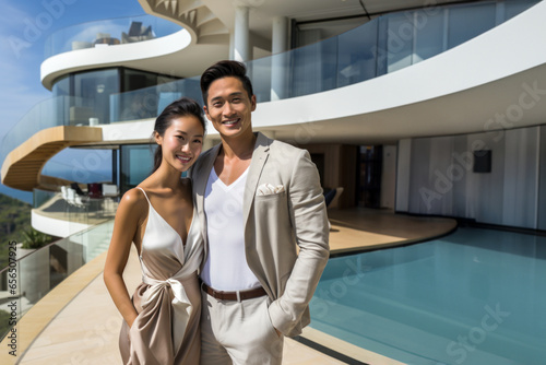 Portrait of a happy couple of billionaires outside their new mansion.