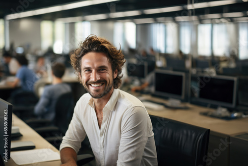 A man smiling at his workplace in a corporate office. photo