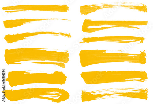 Big set of yellowGrunge paint brush stroke, grungy lines, frames, artistic design elements on white background. Royalty high-quality free stock image Ink splash, splatter and dirty watercolor texture 