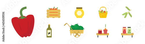 Harvest with Fresh and Ripe Organic Food and Product Vector Set