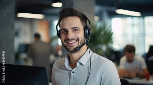 The call center, service consultant and customer support contact us with a smile using CRM, a headset with a microphone.